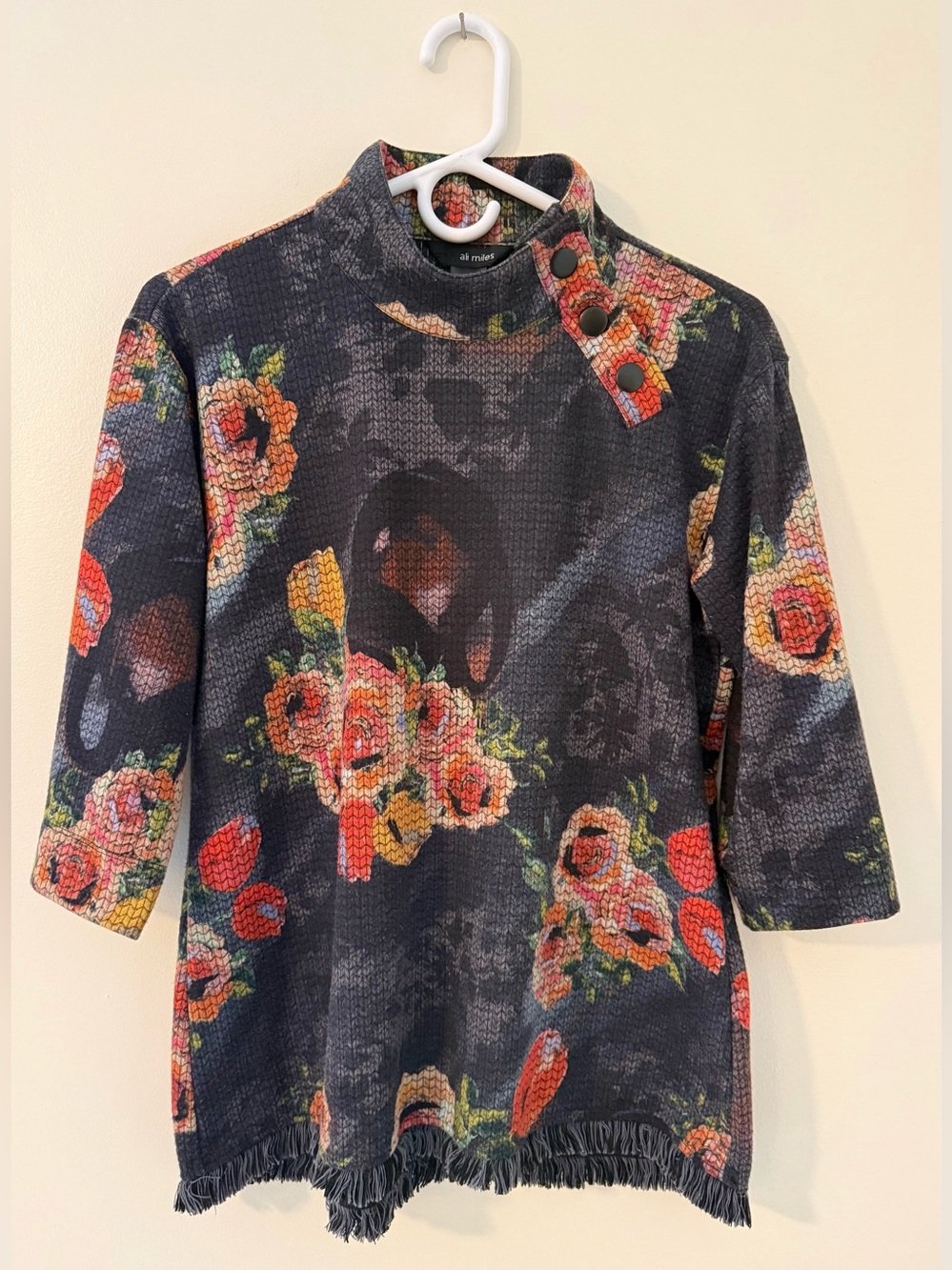Ali Miles Mock Neck Floral Print Top Fringe Sz Petite S